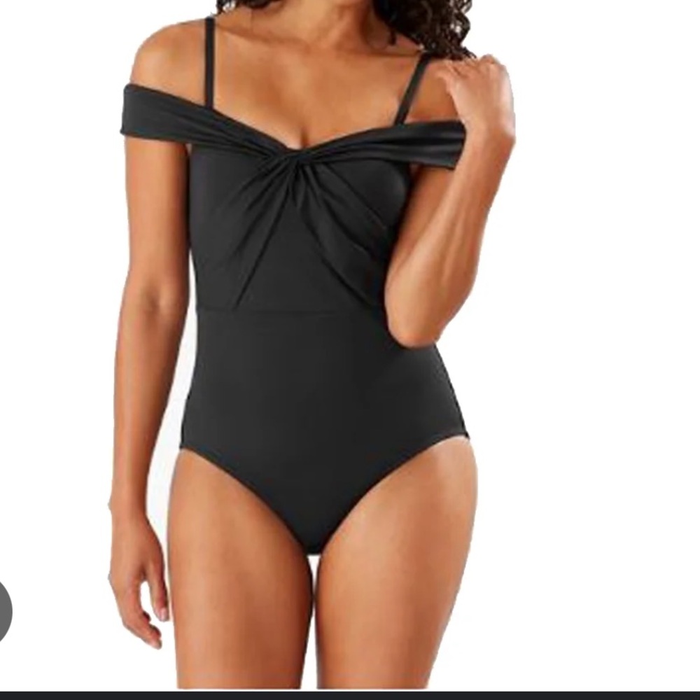 Tommy Bahama Black Off-Shoulder One-Piece Swimsuit